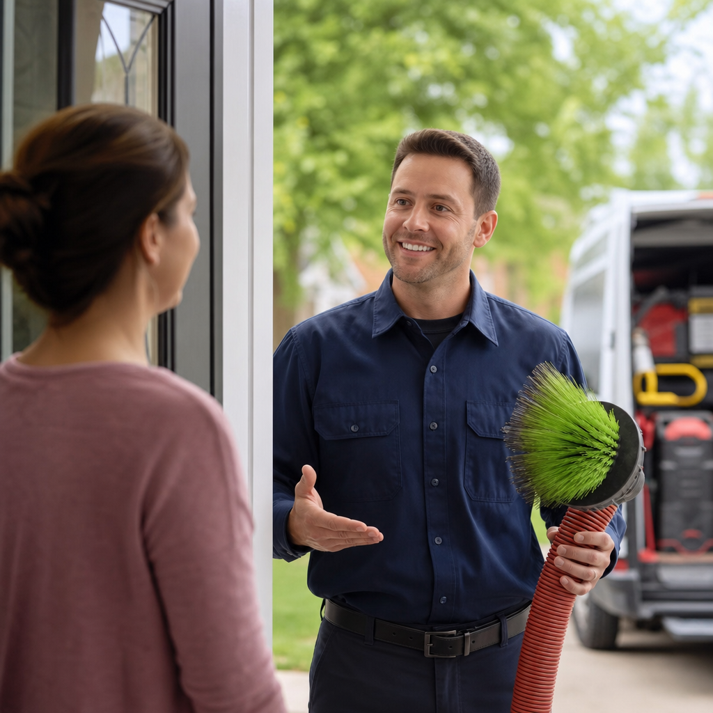 Professional air duct cleaning technician speaking with a residential homeowner in Philadelphia, PA