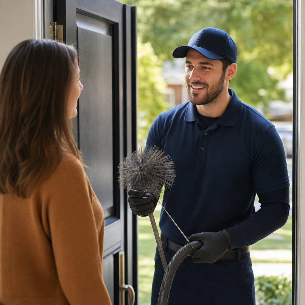 Professional air duct cleaning technician greeting a customer at the door