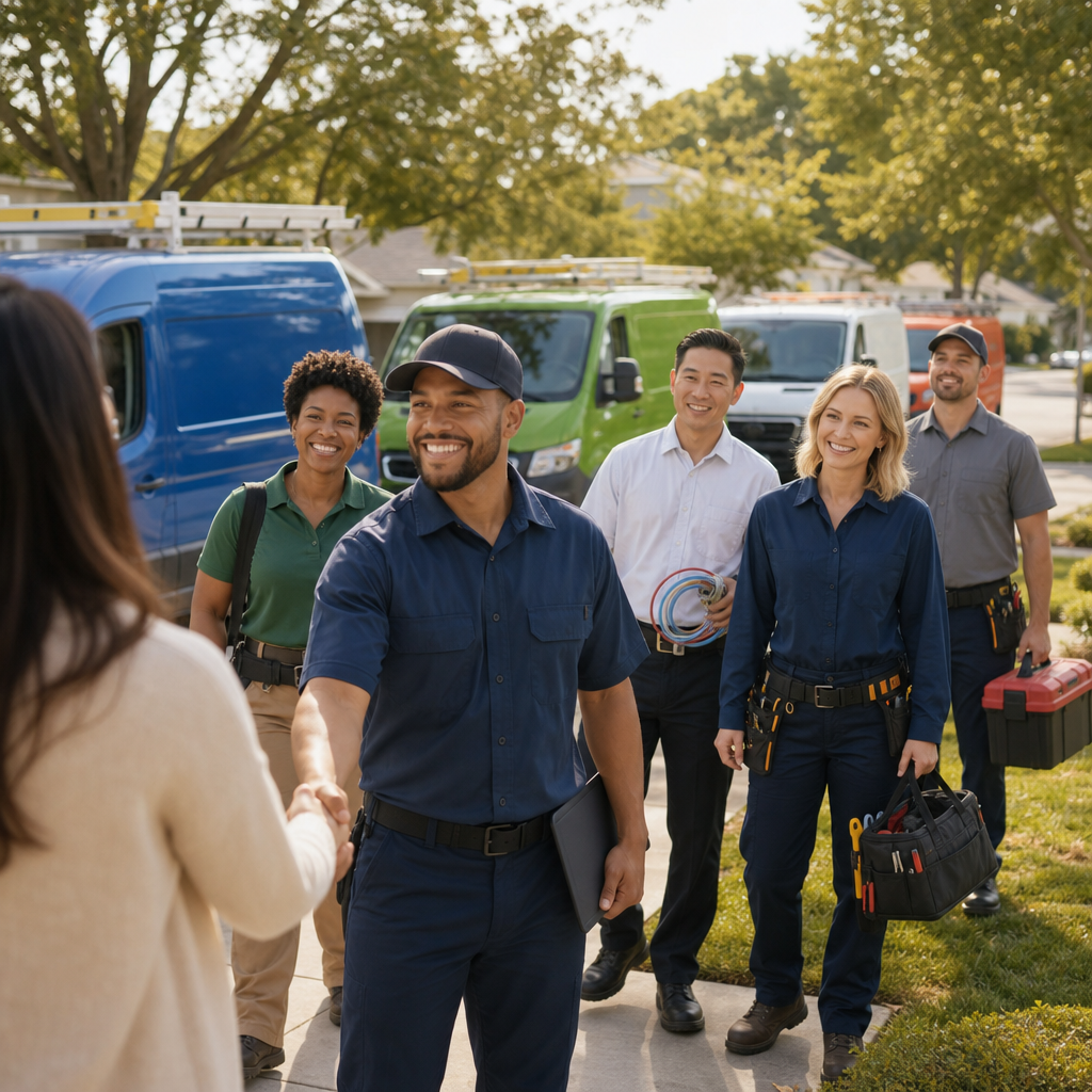 Professional air duct cleaning technicians meeting with a customer outdoors