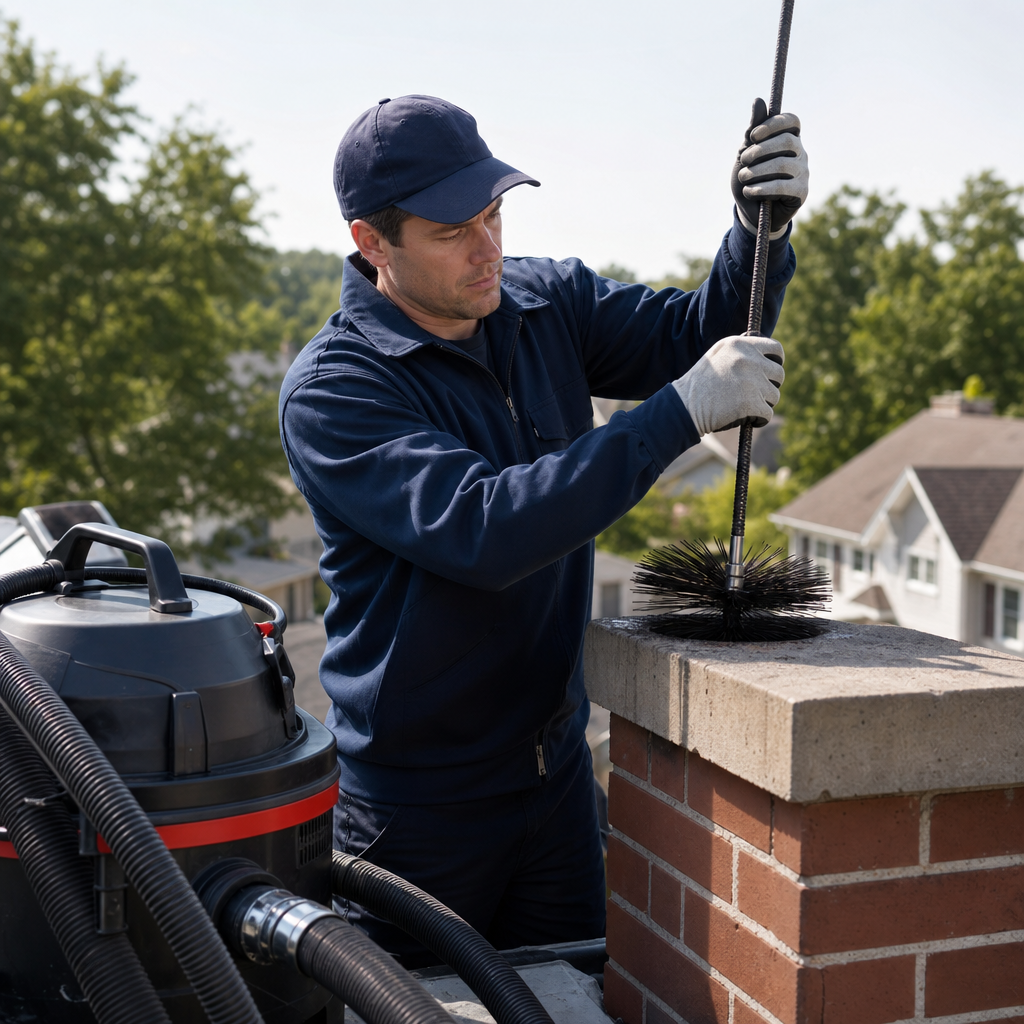Professional technician performing residential chimney sweeping and cleaning service in Philadelphia, PA