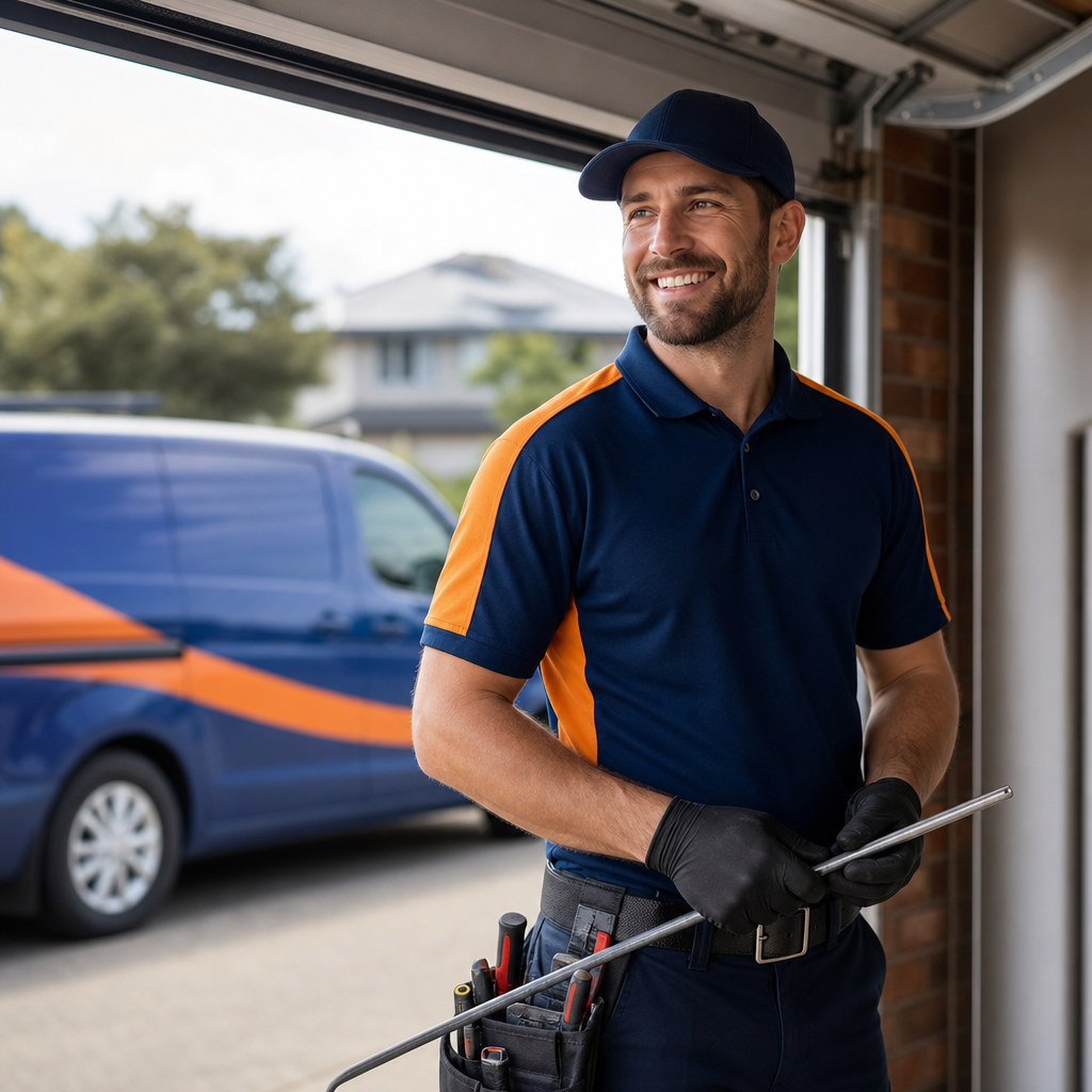 Professional garage door technician holding equipment outside a service van in Philadelphia, PA