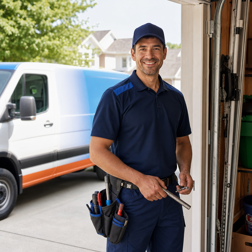 Professional garage door technician with tools standing in front of service van in Philadelphia, PA
