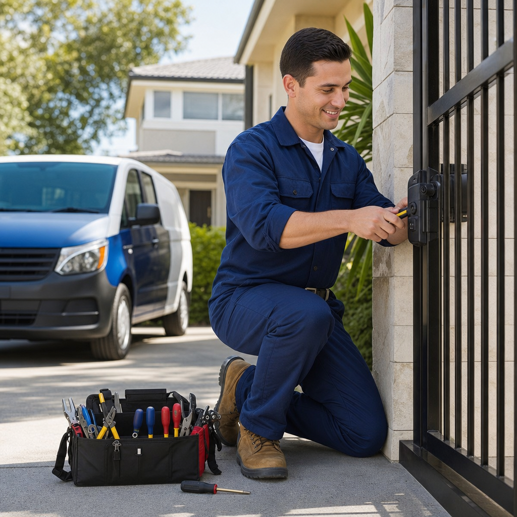 Professional technician performing residential gate repair and maintenance in Philadelphia, PA