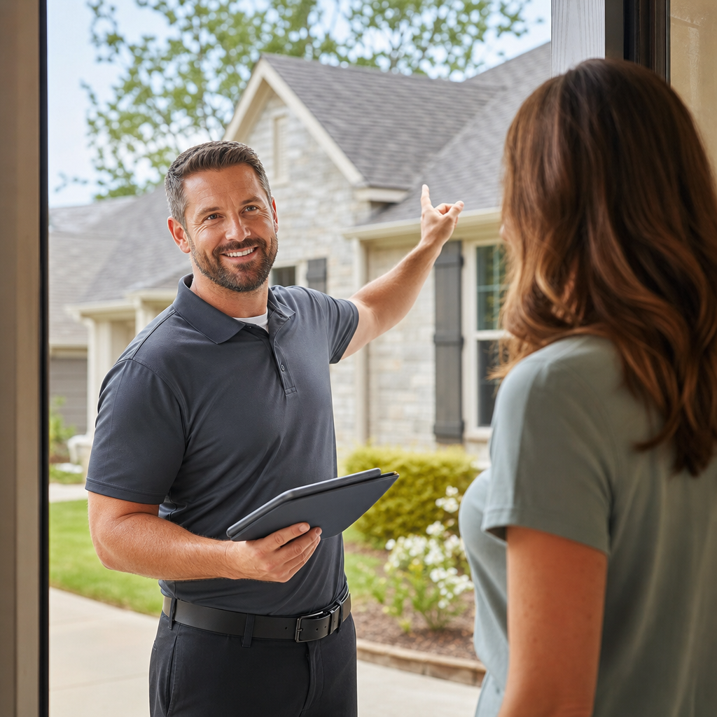 Professional roofing contractor pointing to roof during a home consultation in Philadelphia, PA